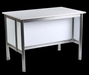 90m RECTANGULAR MEETING TABLE Glass top. Octanorm system frame Width : 1.80m Height : 0.75m Depth : 0.90m US$ 180.00 COD.