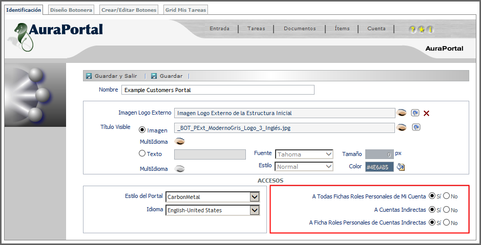 Externo. Si un usuario puede acceder a la Ficha de un Rol Personal, también podrá acceder al botón Tareas y ver sus tareas. A Cuentas Indirectas (Sí / No).