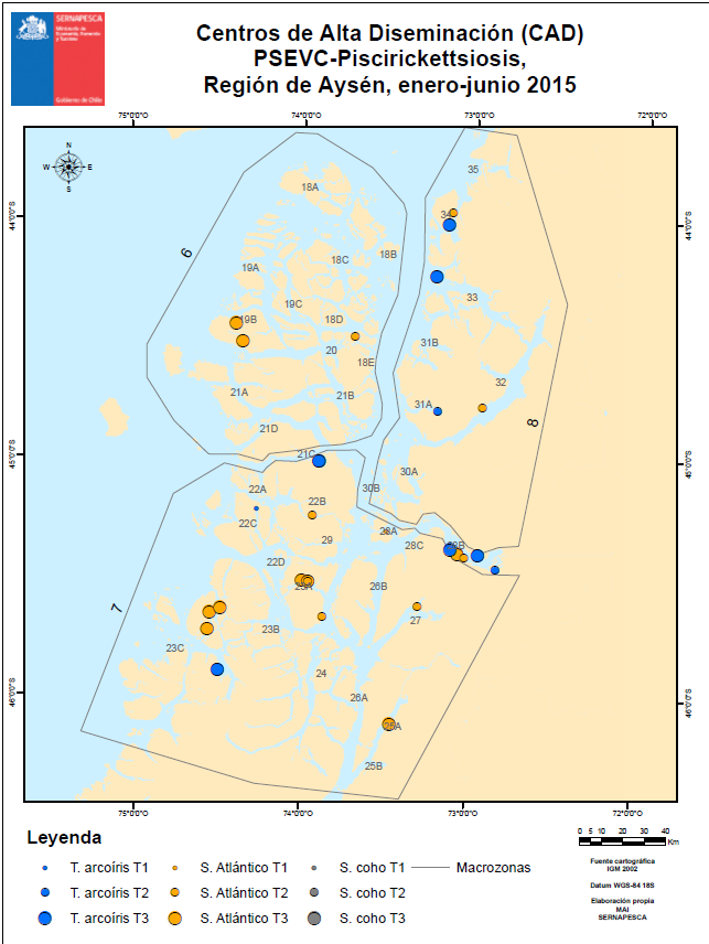 Mapa N 9: Distribución espacial de centros CAD Piscirickettsiosis, según