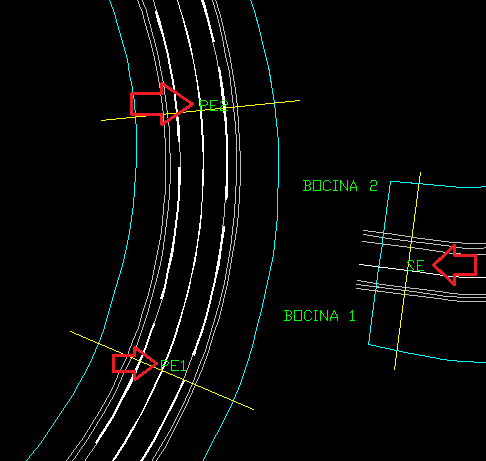 Intersección tipo Bocina En este tipo de intersección, el encuentro del vial secundario con el principal se realiza mediante la construcción de dos abanicos con sus propios ejes, rasantes y secciones
