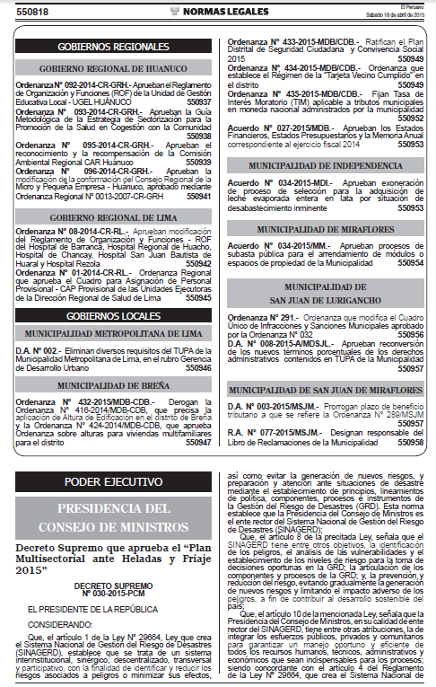 ANEXO 02 Decreto Supremo N 030-2015-PCM Plan Multisectorial ante Heladas y Friajes