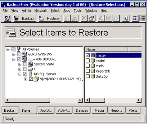 9. Presione las selecciones del Restore y navegue a través del respaldo para elegir las bases de datos maestras solamente tal y como se muestra en de esta ventana. 10.