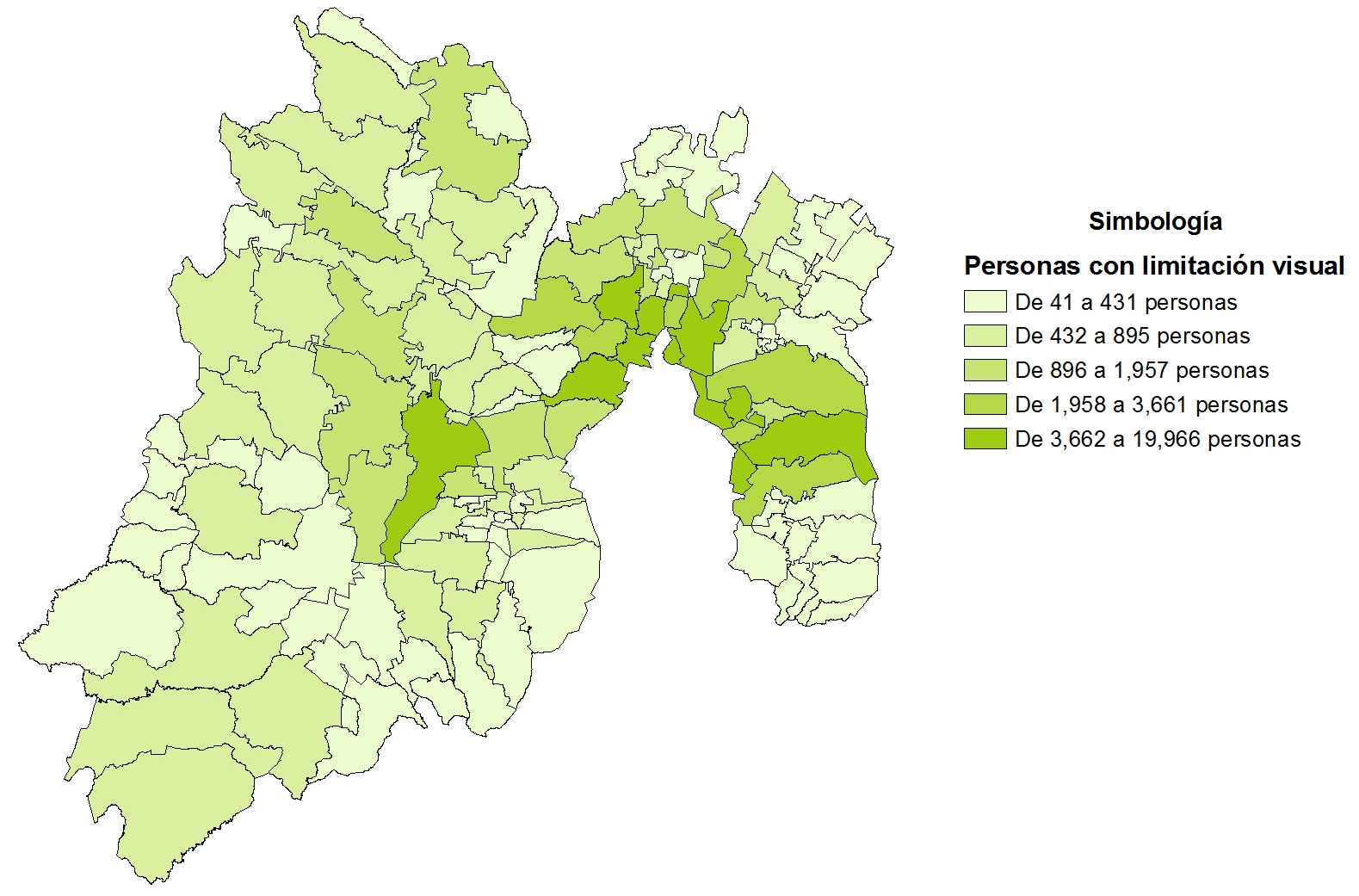 Distribución geoespacial de la población con discapacidad visual por municipio en el Estado de México, 21 Fuente: elaboración propia con datos del Censo de Población y Vivienda 21, INEGI.