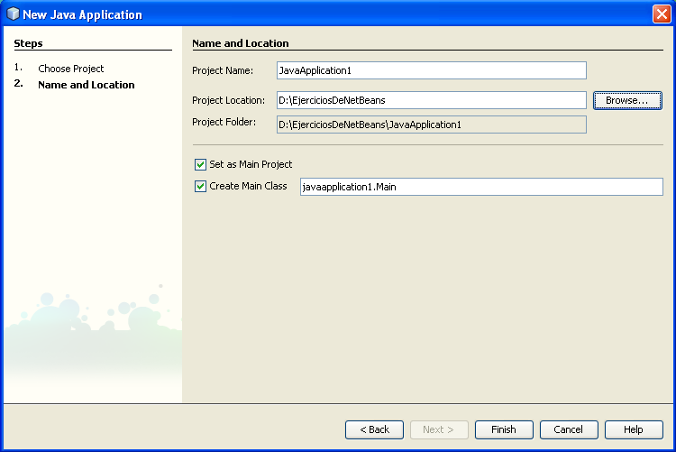 Una vez indicada la nueva carpeta EjerciciosDeNetBeans, procede a dar click en el botón de comando Abrir quedando la ventana New Java Application de la siguiente forma: Se observa que en Proyect