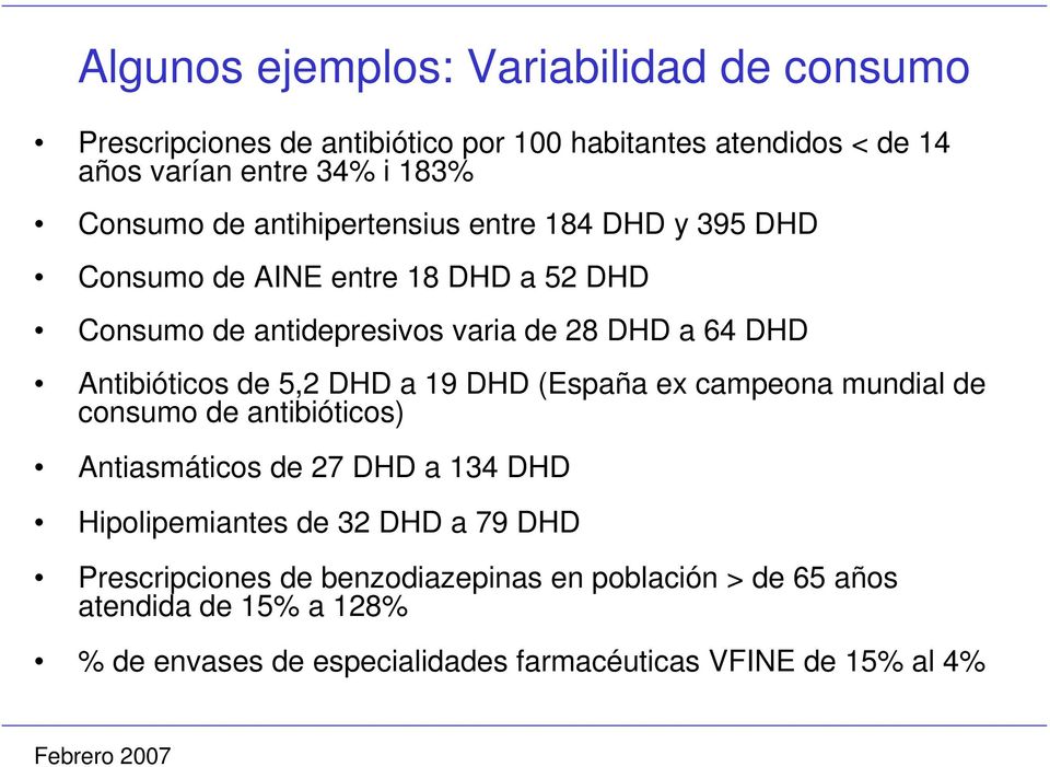 de 5,2 DHD a 19 DHD (España ex campeona mundial de consumo de antibióticos) Antiasmáticos de 27 DHD a 134 DHD Hipolipemiantes de 32 DHD a 79 DHD