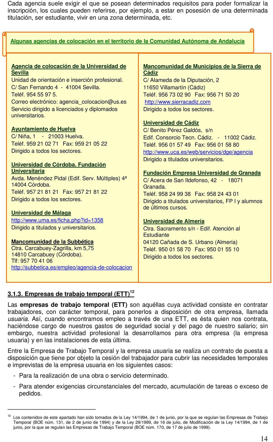 Algunas agencias de colocación en el territorio de la Comunidad Autónoma de Andalucía Agencia de colocación de la Universidad de Sevilla Unidad de orientación e inserción profesional.