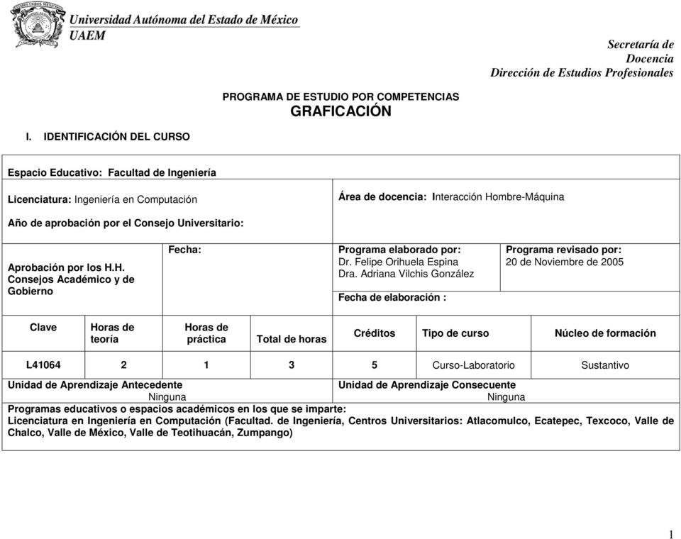 Aprobación por los H.H. Consejos Académico y de Gobierno Fecha: Programa elaborado por: Dr. Felipe Orihuela Espina Dra.
