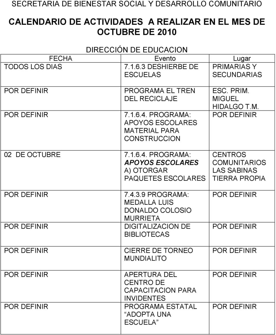M. 02 DE OCTUBRE 7.1.6.4. PROGRAMA: A) OTORGAR PAQUETES ESCOLARES CENTROS COMUNITARIOS LAS SABINAS TIERRA PROPIA 7.4.3.