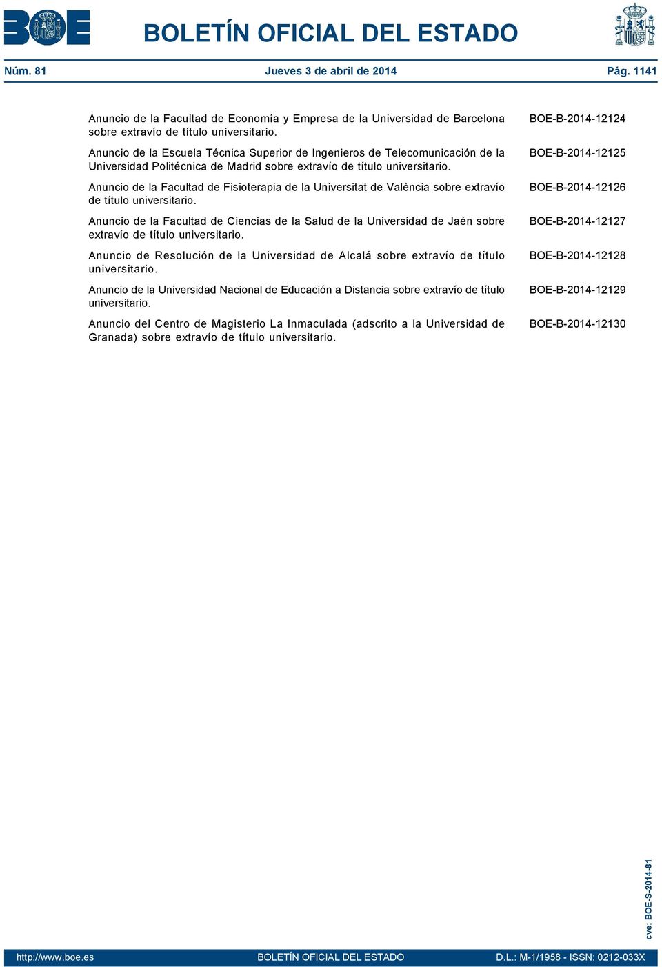 Anuncio de la Facultad de Fisioterapia de la Universitat de València sobre extravío de título universitario.
