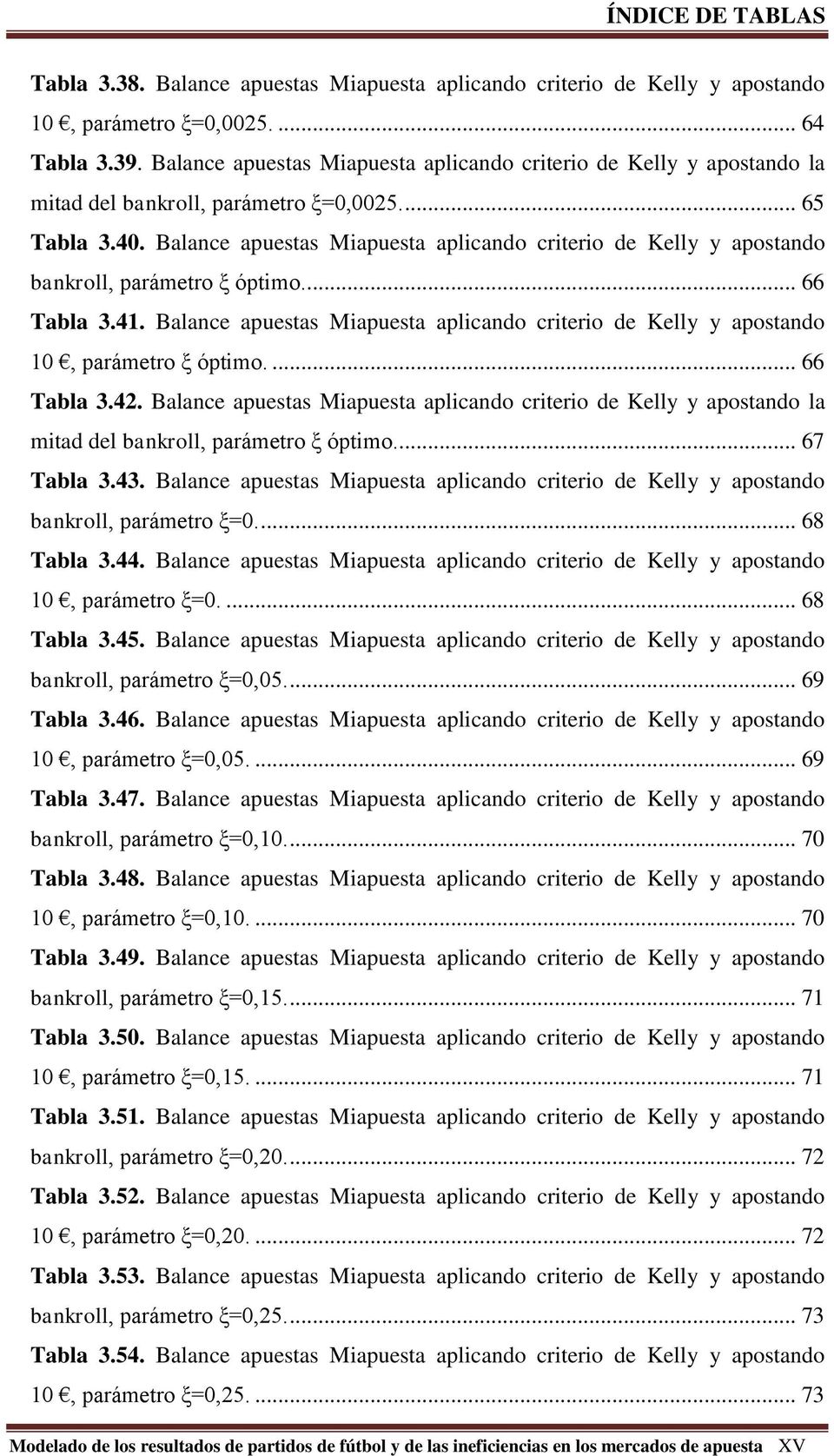 Balance apuestas Miapuesta aplicando criterio de Kelly y apostando bankroll, parámetro ξ óptimo.... 66 Tabla 3.41.