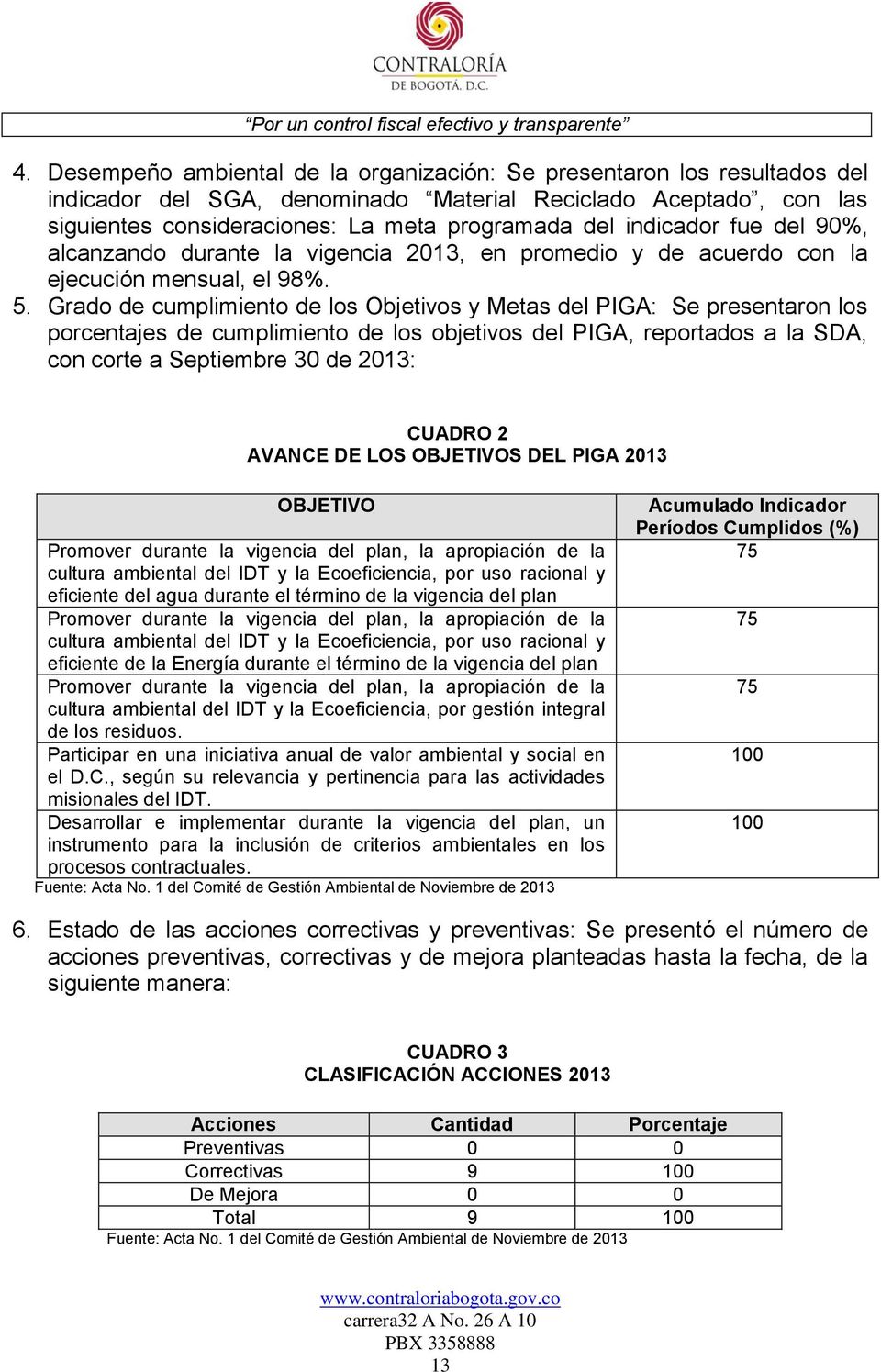 Grado de cumplimiento de los Objetivos y Metas del PIGA: Se presentaron los porcentajes de cumplimiento de los objetivos del PIGA, reportados a la SDA, con corte a Septiembre 30 de 2013: CUADRO 2