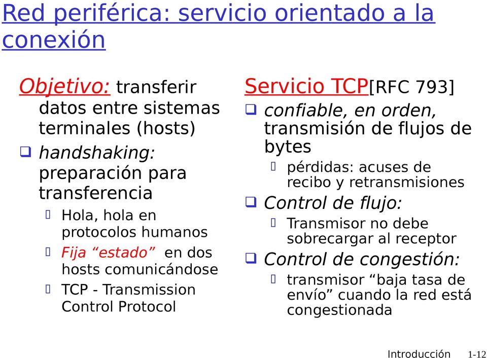 TCP[RFC 793] confiable, en orden, transmisión de flujos de bytes pérdidas: acuses de recibo y retransmisiones Control de flujo:
