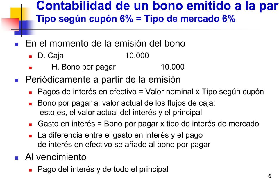 000 Periódicamente a partir de la emisión Pagos de interés en efectivo = Valor nominal x Tipo según cupón Bono por pagar al valor actual de los