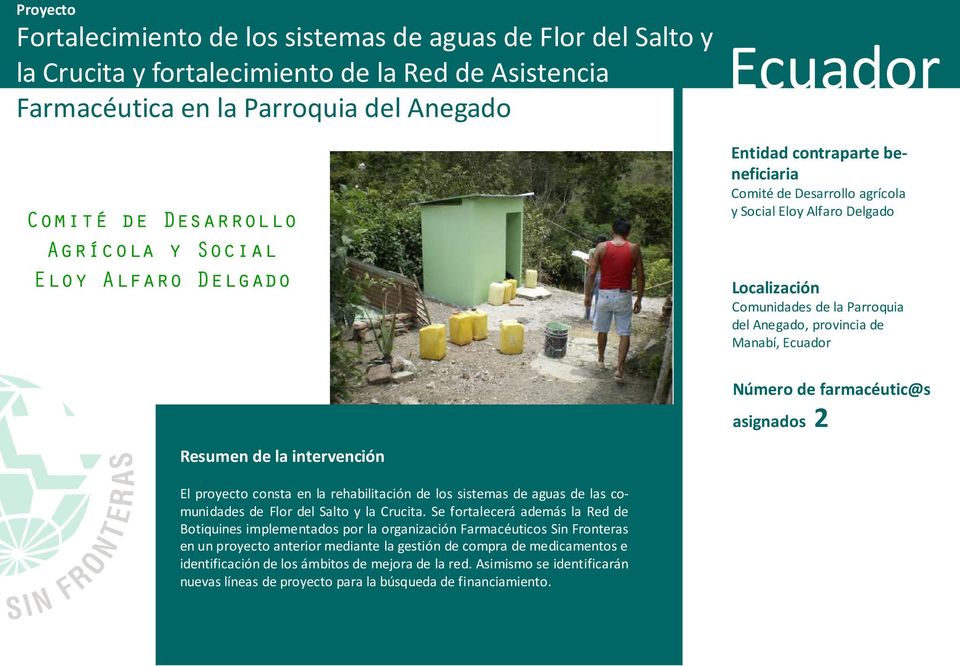 Número de farmacéutic@s asignados 2 El proyecto consta en la rehabilitación de los sistemas de aguas de las comunidades de Flor del Salto y la Crucita.