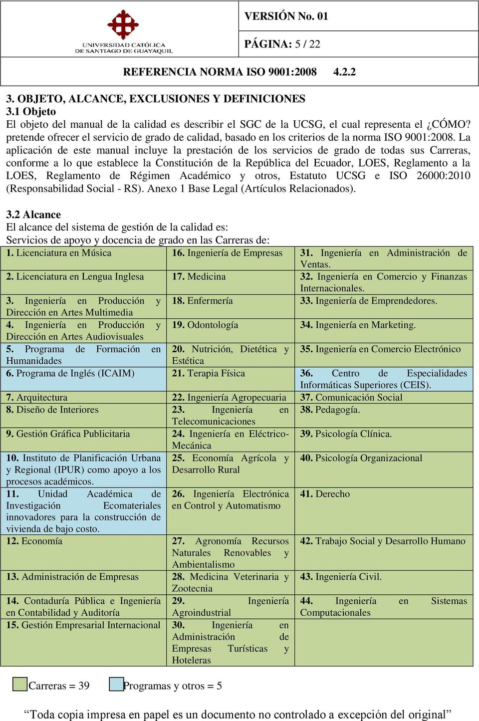 La aplicación de este manual incluye la prestación de los servicios de grado de todas sus Carreras, conforme a lo que establece la Constitución de la República del Ecuador, LOES, Reglamento a la