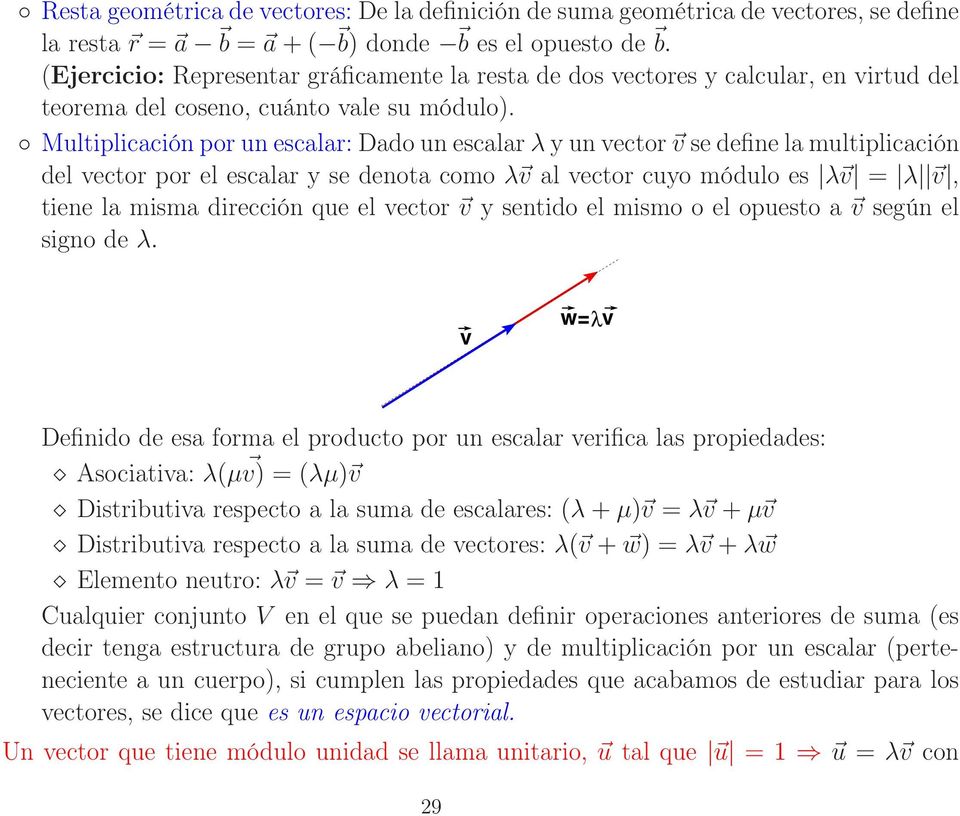 Multiplicación por un escalar: Dado un escalarλyun vector v se define la multiplicación del vector por el escalar y se denota como λ v al vector cuyo módulo es λ v = λ v, tiene la misma dirección que