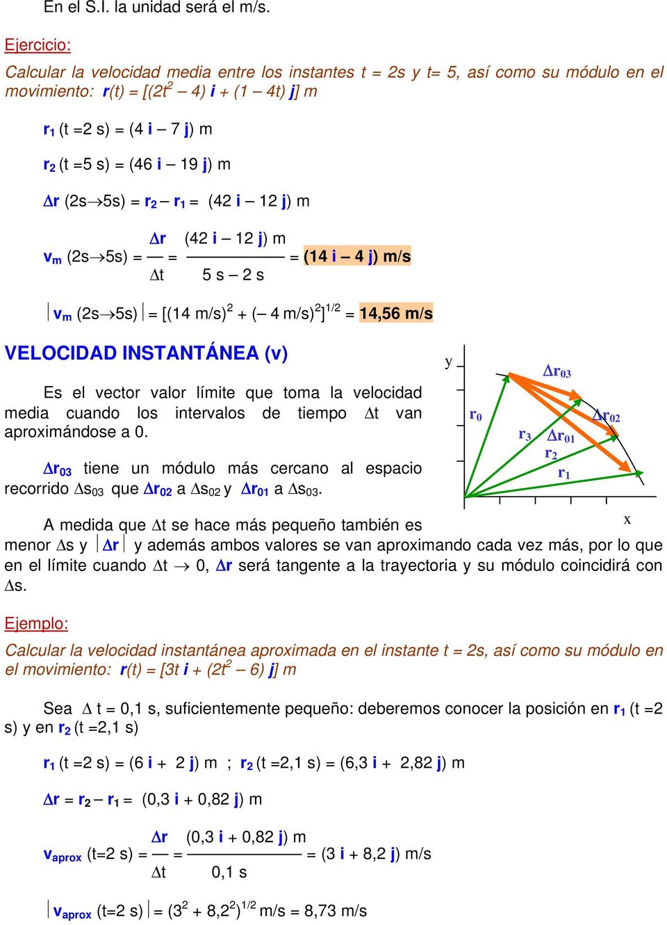 = (4 i 1 j) m Δ r (4 i 1 j) m v m (s 5s) = = = (14 i 4 j) m/s Δt 5 s s v m (s 5s) = [(14 m/s) + ( 4 m/s) ] 1/ = 14,56 m/s VELOCIDAD INSTANTÁNEA (v) Es el vector valor límite que toma la velocidad