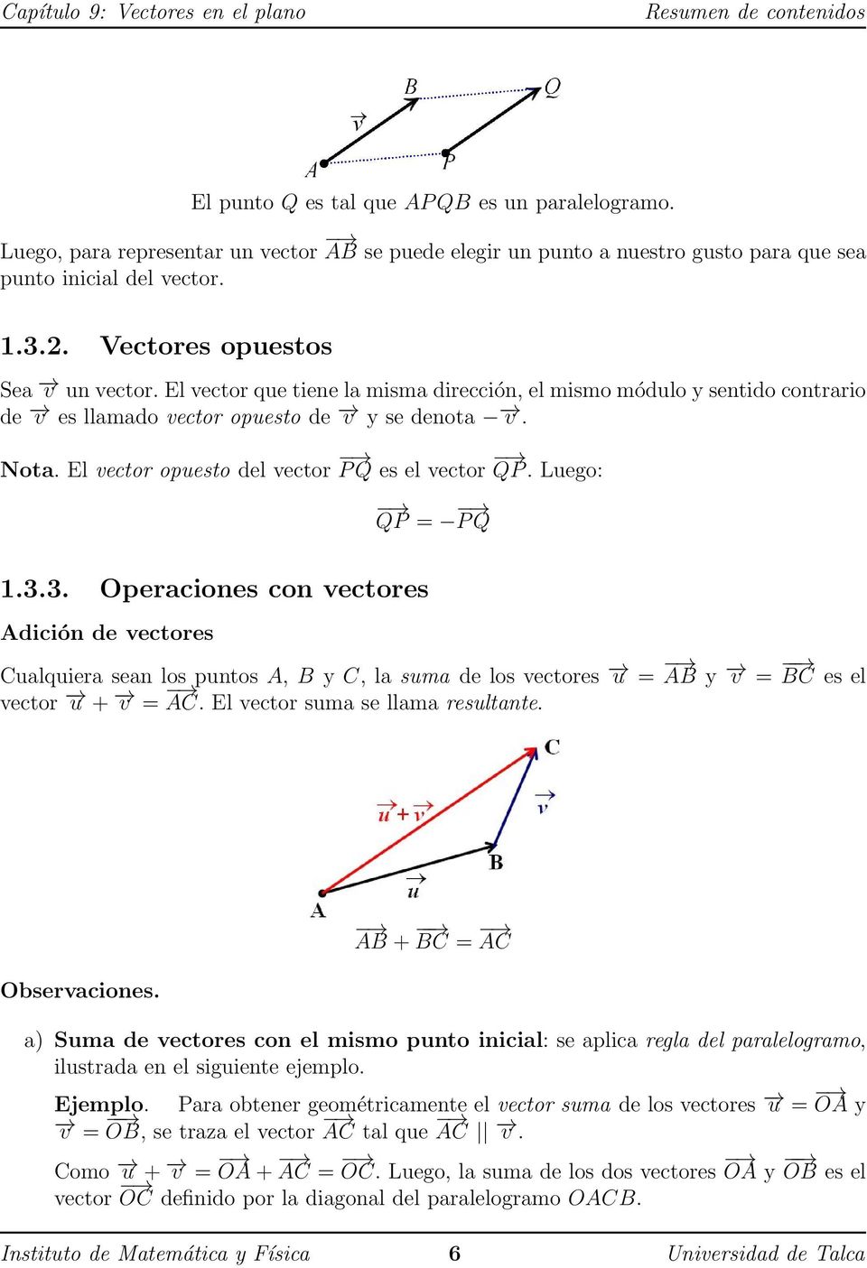 El vector opuesto del vector P Q es el vector QP. Luego: QP = P Q 1.3.