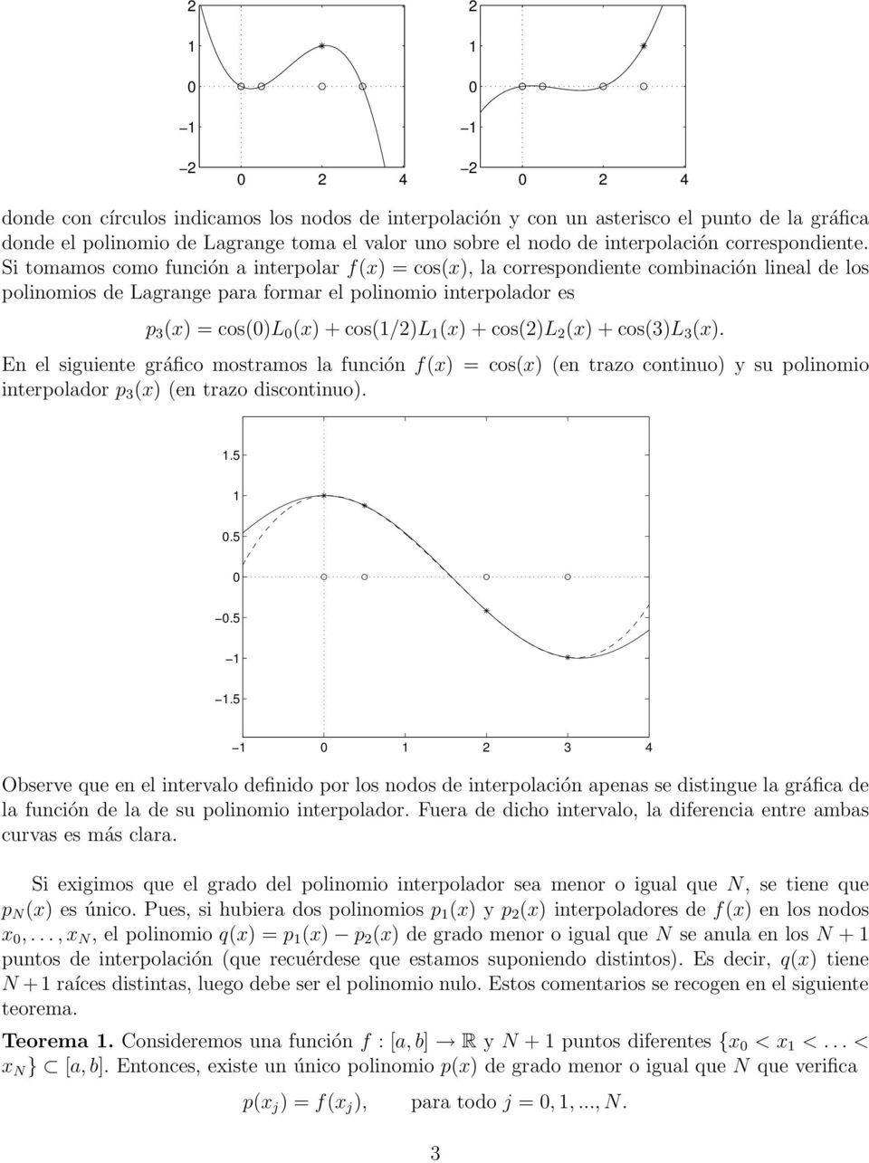 cos()l (x) + cos(3)l 3 (x) En el siguiente gráfico mostramos la función f(x) = cos(x) (en trazo continuo) y su polinomio interpolador p 3 (x) (en trazo discontinuo) 5 5 5 5 3 4 Observe que en el