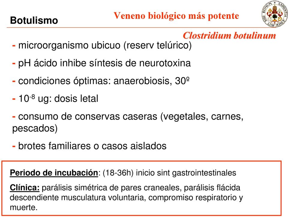 brotes familiares o casos aislados Veneno biológico más potente Periodo de incubación: (18-36h) inicio sint gastrointestinales