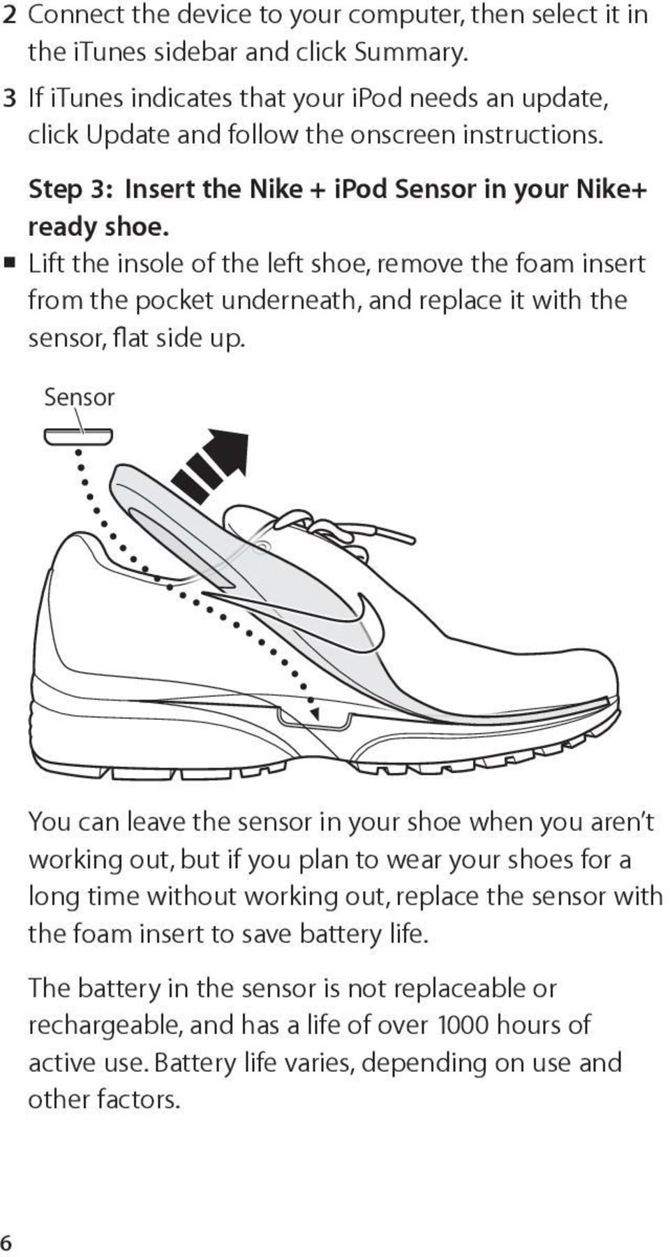 Lift the insole of the left shoe, remove the foam insert from the pocket underneath, and replace it with the sensor, flat side up.