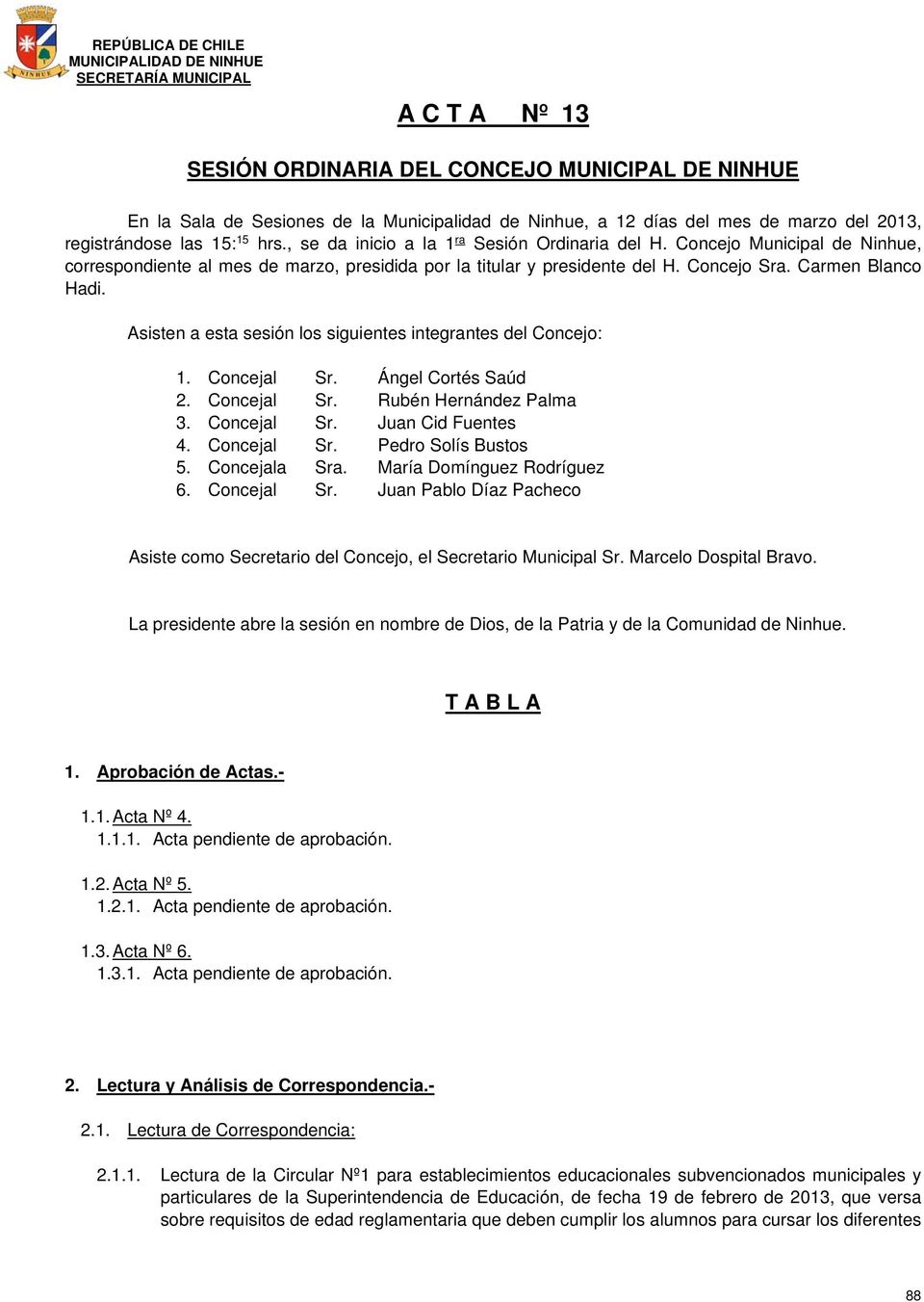 Asisten a esta sesión los siguientes integrantes del Concejo: 1. Concejal Sr. Ángel Cortés Saúd 2. Concejal Sr. Rubén Hernández Palma 3. Concejal Sr. Juan Cid Fuentes 4. Concejal Sr. Pedro Solís Bustos 5.