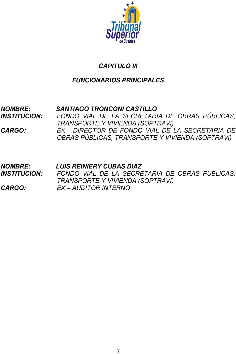 SECRETARIA DE OBRAS PÚBLICAS, TRANSPORTE Y VIVIENDA (SOPTRAVI) NOMBRE: INSTITUCION: CARGO: LUIS REINIERY