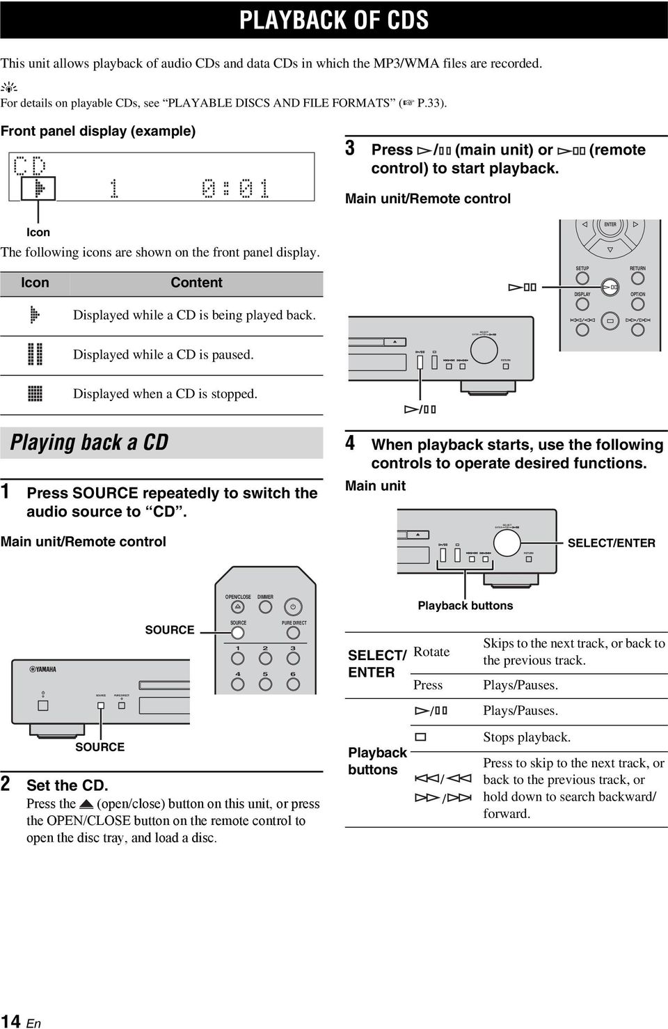 Main unit/remote control Icon The following icons are shown on the front panel displa. Icon Content SETUP DISPLAY OPTION Displaed while a CD is being plaed back. Displaed while a CD is paused.