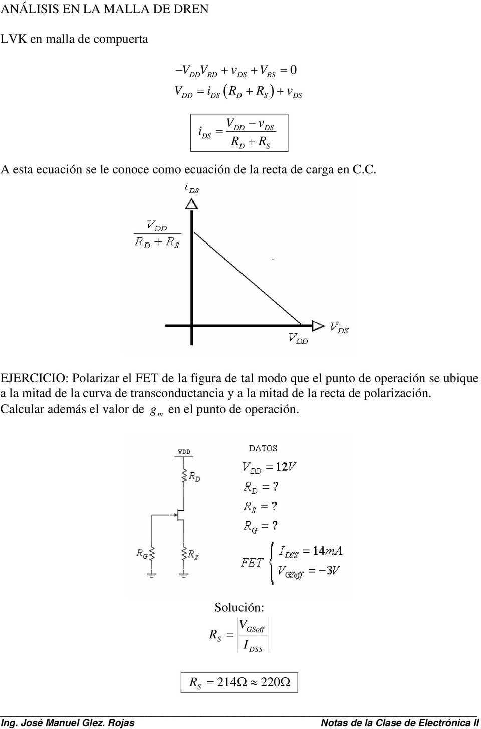 C. EJECCO: Polarizar el FET de la figura de tal modo que el punto de operación se ubique a la mitad de la curva de