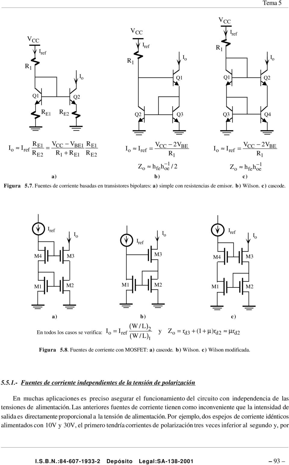 M4 M3 M3 M4 M3 M1 M2 M1 M2 M1 M2 a) b) c) ( ) W/ L En todos los casos se verifica: Io = I 2 ref y Zo = rd3 + ( 1 +µ ) rd 2 µ rd 2 ( W/ L) 1 Figura 5.8. Fuentes de corriente con MOSFET: a) cascode.