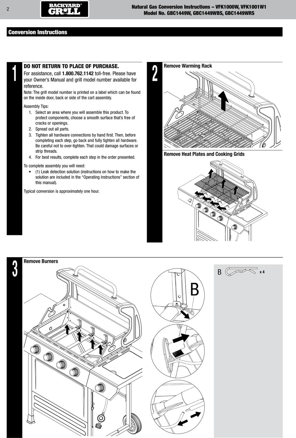 Note: The grill model number is printed on a label which can be found on the inside door, back or side of the cart assembly. 2 Remove Warming Rack Assembly Tips: 1.
