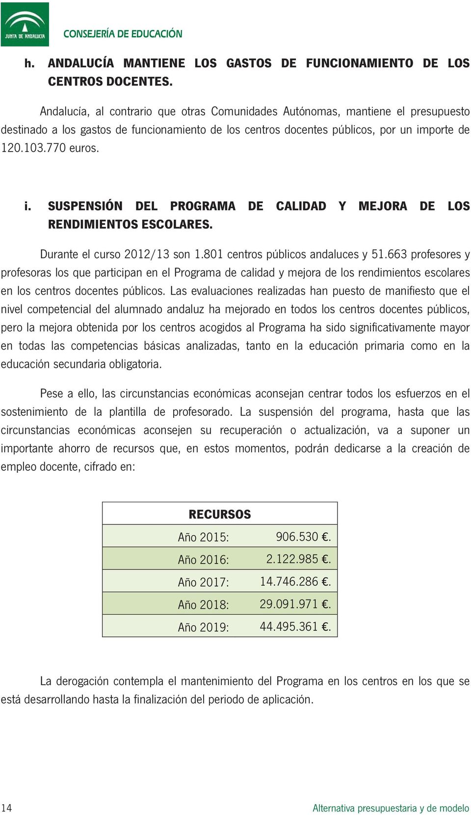 porte de 120.103.770 euros. i. SUSPENSIÓN DEL PROGRAMA DE CALIDAD Y MEJORA DE LOS RENDIMIENTOS ESCOLARES. Durante el curso 2012/13 son 1.801 centros públicos andaluces y 51.