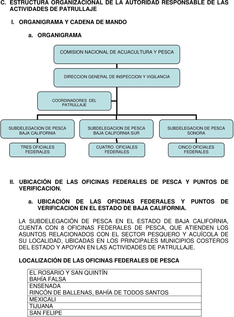 CALIFORNIA SUR SUBDELEGACION DE PESCA SONORA TRES OFICIALES FEDERALES CUATRO OFICIALES FEDERALES CINCO OFICIALES FEDERALES II. UBICACIÓN DE LAS OFICINAS FEDERALES DE PESCA Y PUNTOS DE VERIFICACION. a.