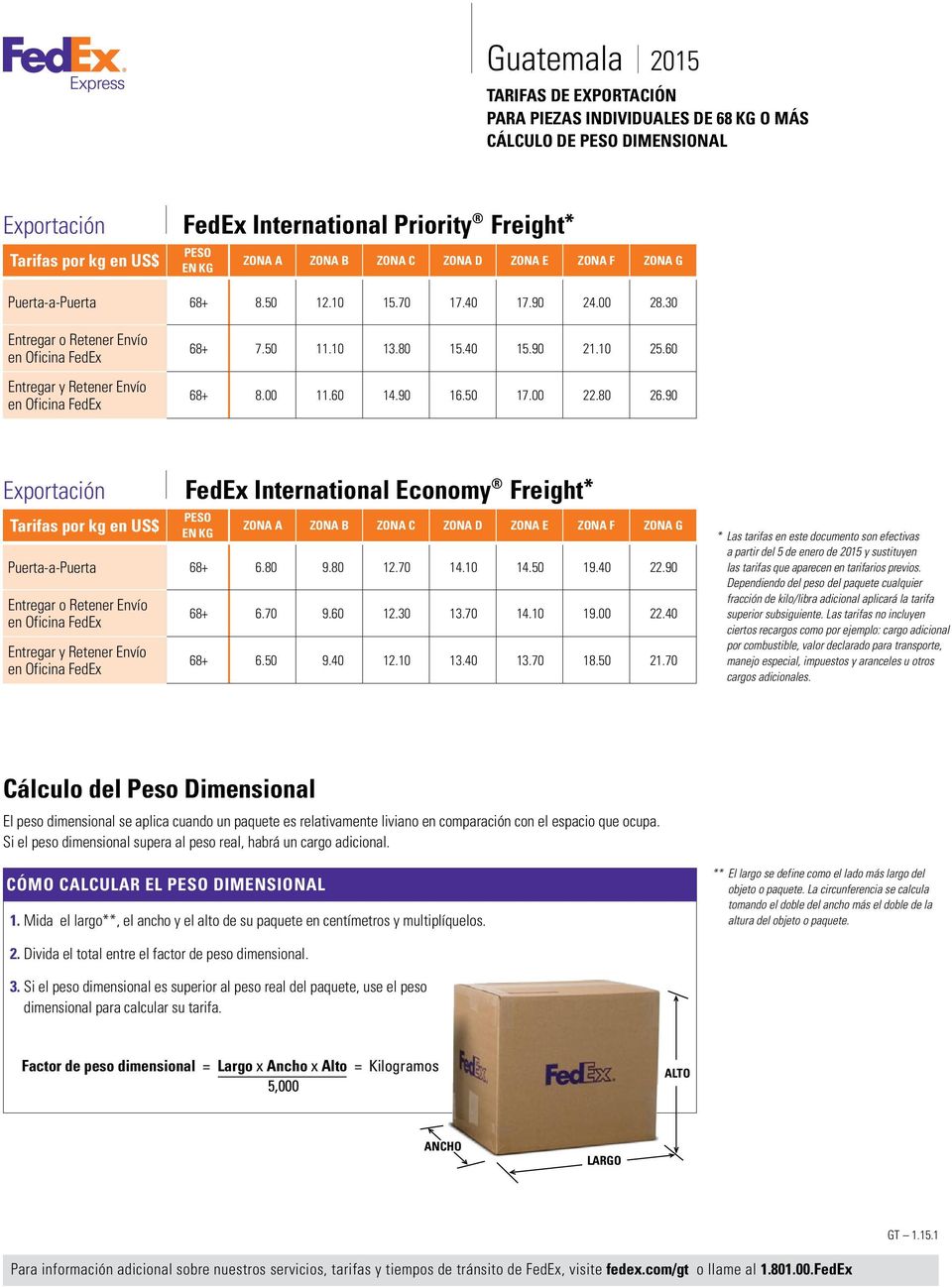 90 Exportación Tarifas por kg en US$ Puerta-a-Puerta 68+ 6.80 9.80 12.70 14.10 14.50 19.40 22.90 Entregar o Retener Envío Entregar y Retener Envío FedEx International Economy Freight* 68+ 6.70 9.