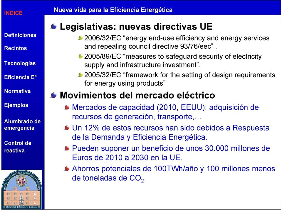 2005/32/EC framework for the setting of design requirements for energy using products Movimientos del mercado eléctrico Mercados de capacidad (2010, EEUU): adquisición de recursos de