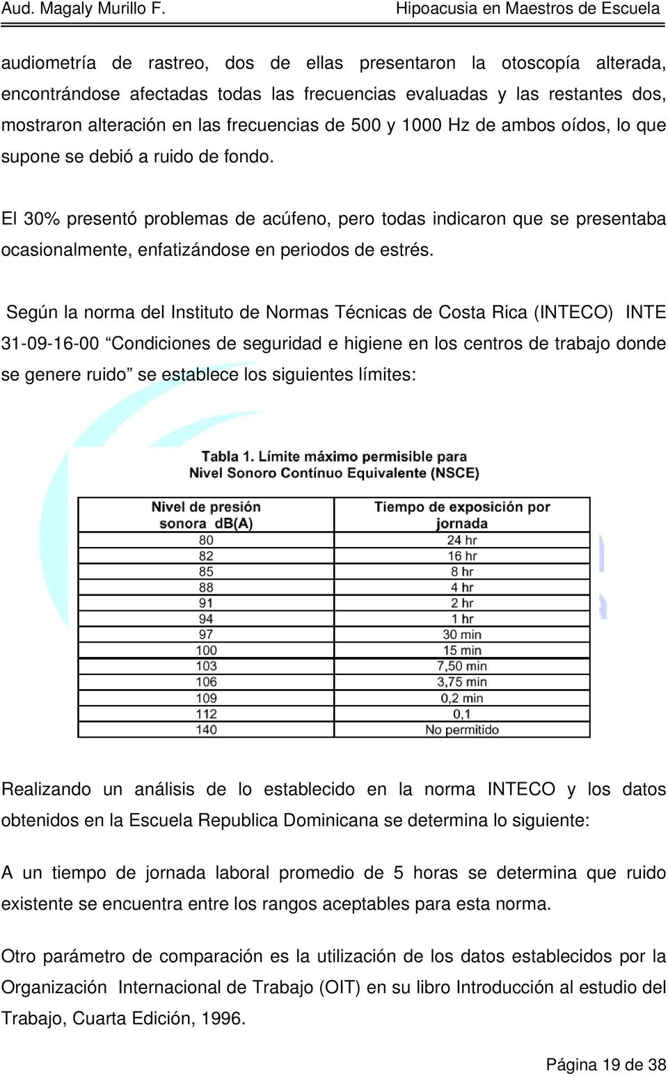 Según la norma del Instituto de Normas Técnicas de Costa Rica (INTECO) INTE 31-09-16-00 Condiciones de seguridad e higiene en los centros de trabajo donde se genere ruido se establece los siguientes