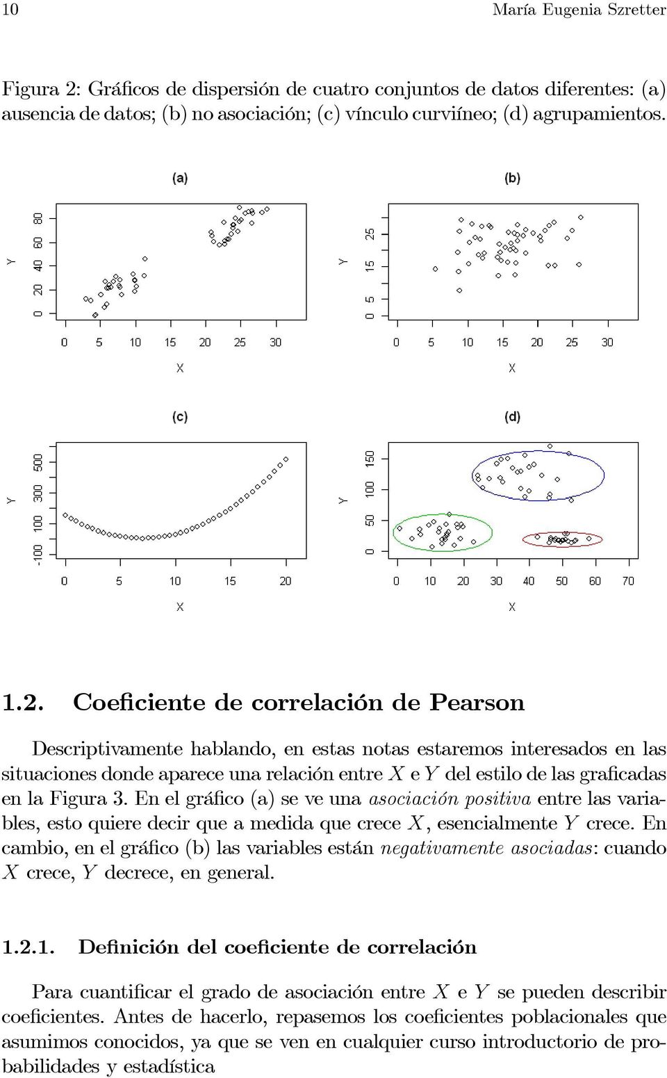 Coeficiente de correlación de Pearson Descriptivamente hablando, en estas notas estaremos interesados en las situaciones donde aparece una relación entre X e Y del estilo de las graficadas en la