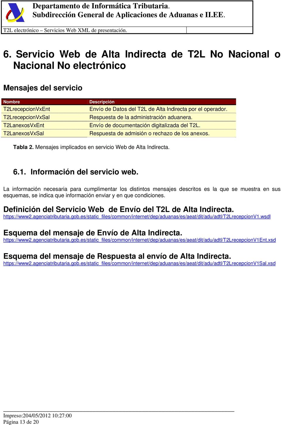Mensajes implicados en servicio Web de Alta Indirecta. 6.1. Información del servicio web.