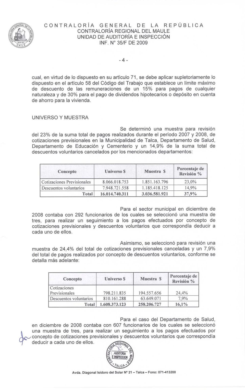UNIVERSO Y MUESTRA Se determinó una muestra para revisron del 23% de la suma total de pagos realizados durante el período 2007 y 2008, de cotizaciones previsionales en la Municipalidad de Talca,
