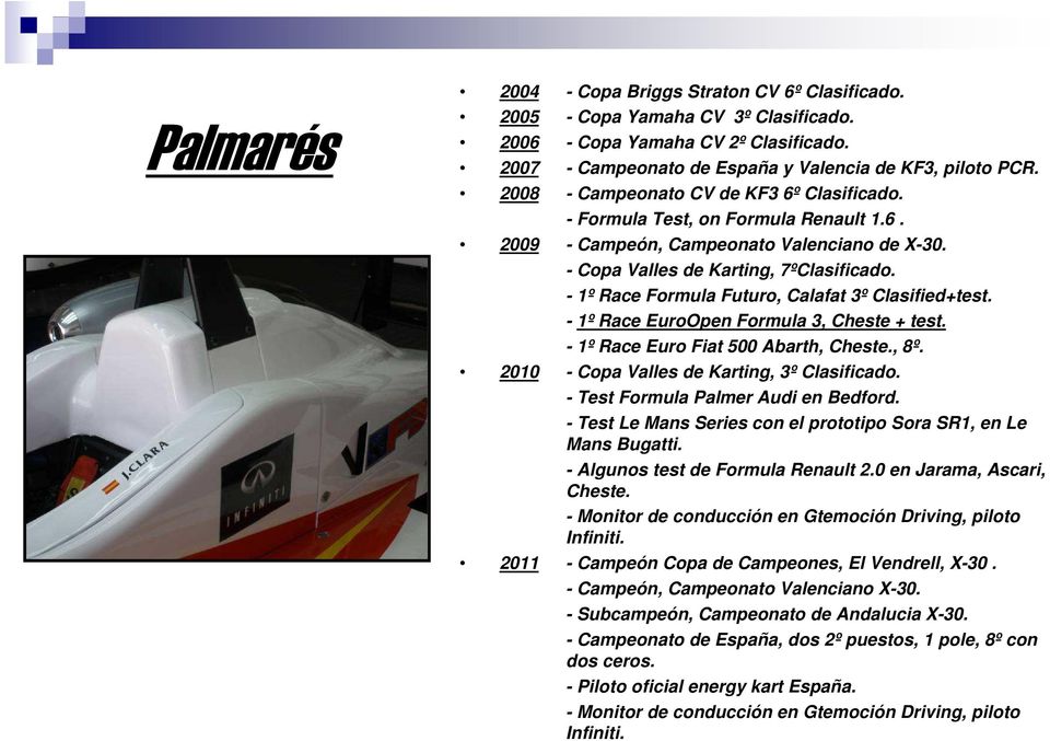 - 1º Race Formula Futuro, Calafat 3º Clasified+test. - 1º Race EuroOpen Formula 3, Cheste + test. - 1º Race Euro Fiat 500 Abarth, Cheste., 8º. 2010 - Copa Valles de Karting, 3º Clasificado.