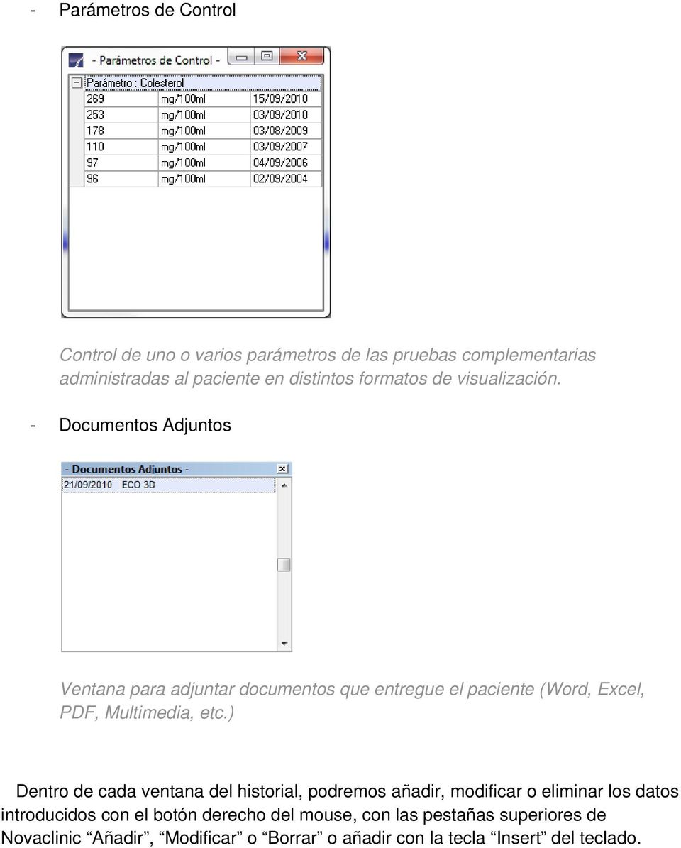 - Documentos Adjuntos Ventana para adjuntar documentos que entregue el paciente (Word, Excel, PDF, Multimedia, etc.