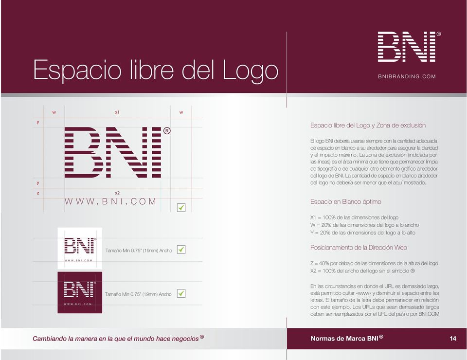 La zona de exclusión (indicada por las líneas) es el área mínima que tiene que permanecer limpia de tipografía o de cualquier otro elemento gráfico alrededor del logo de BNI.
