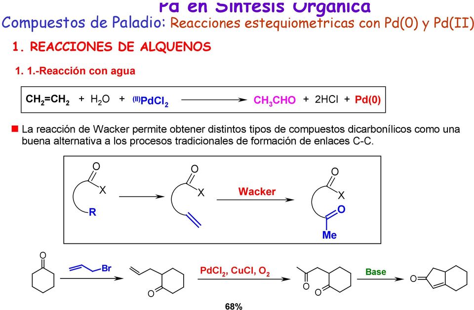 1.-eacción con agua C 2 =C 2 2 (II) C 3 C 2Cl Pd(0) La reacción de Wacker permite obtener