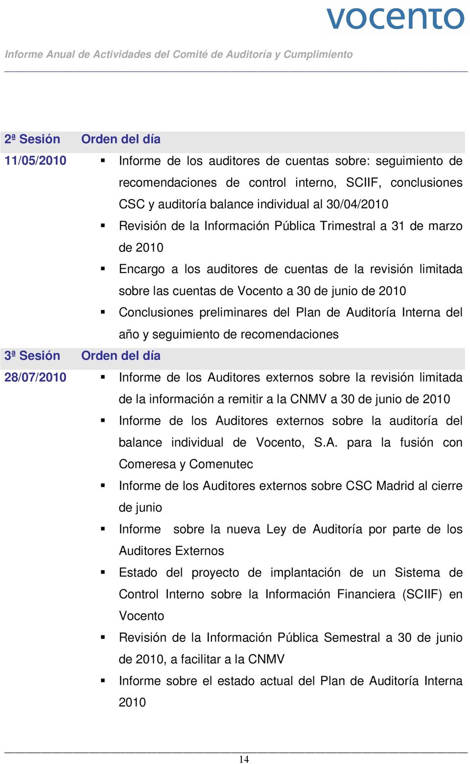 preliminares del Plan de Auditoría Interna del año y seguimiento de recomendaciones 3ª Sesión Orden del día 28/07/2010 Informe de los Auditores externos sobre la revisión limitada de la información a