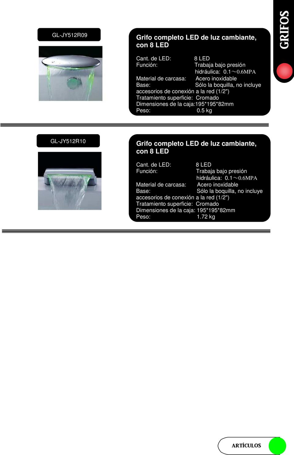 (1/2") Dimensiones de la caja:195*195*82mm 0.5 kg GL-JY512R10 Grifo completo LED de luz cambiante, con 8 LED Cant.