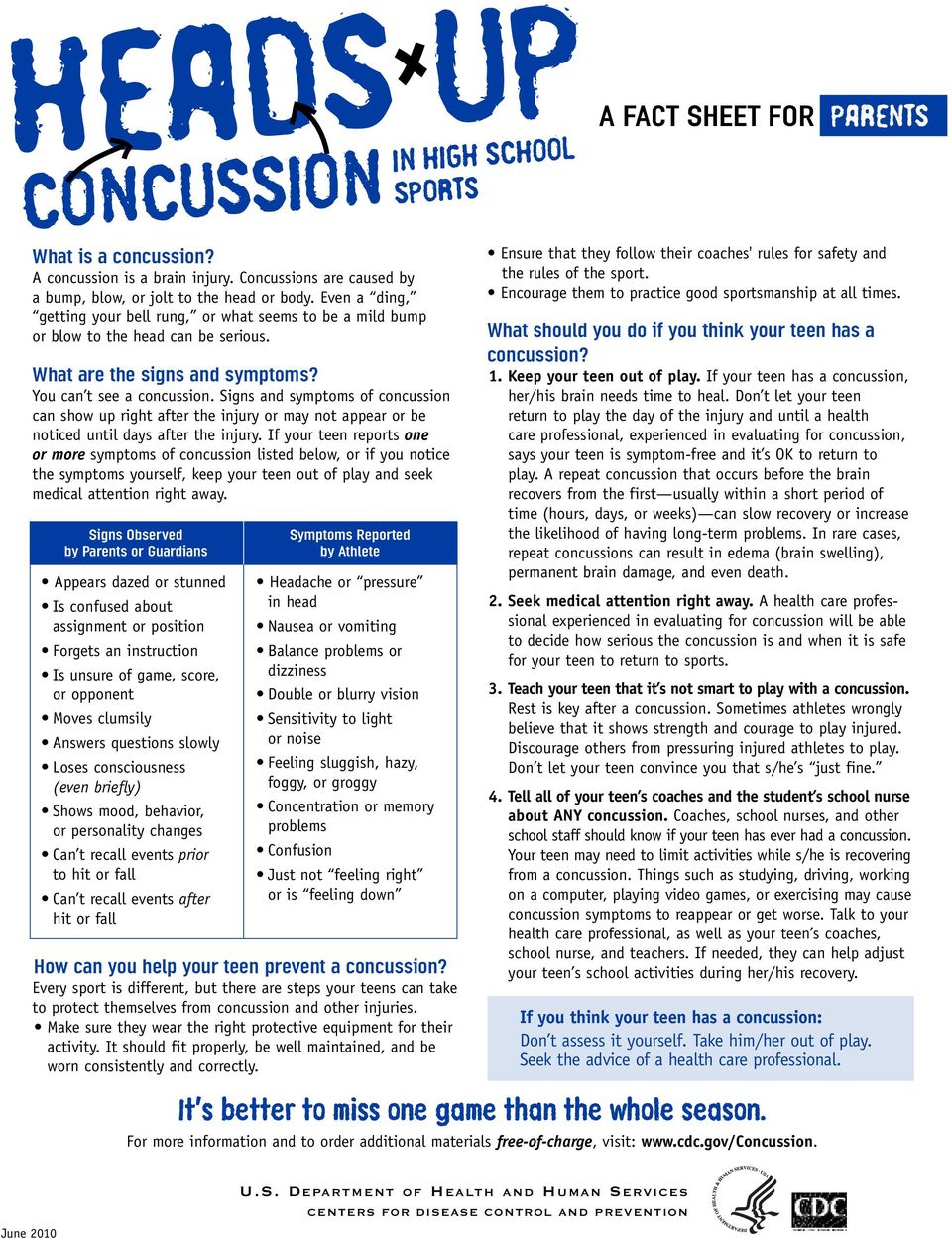 Signs and symptoms of concussion can show up right after the injury or may not appear or be noticed until days after the injury.