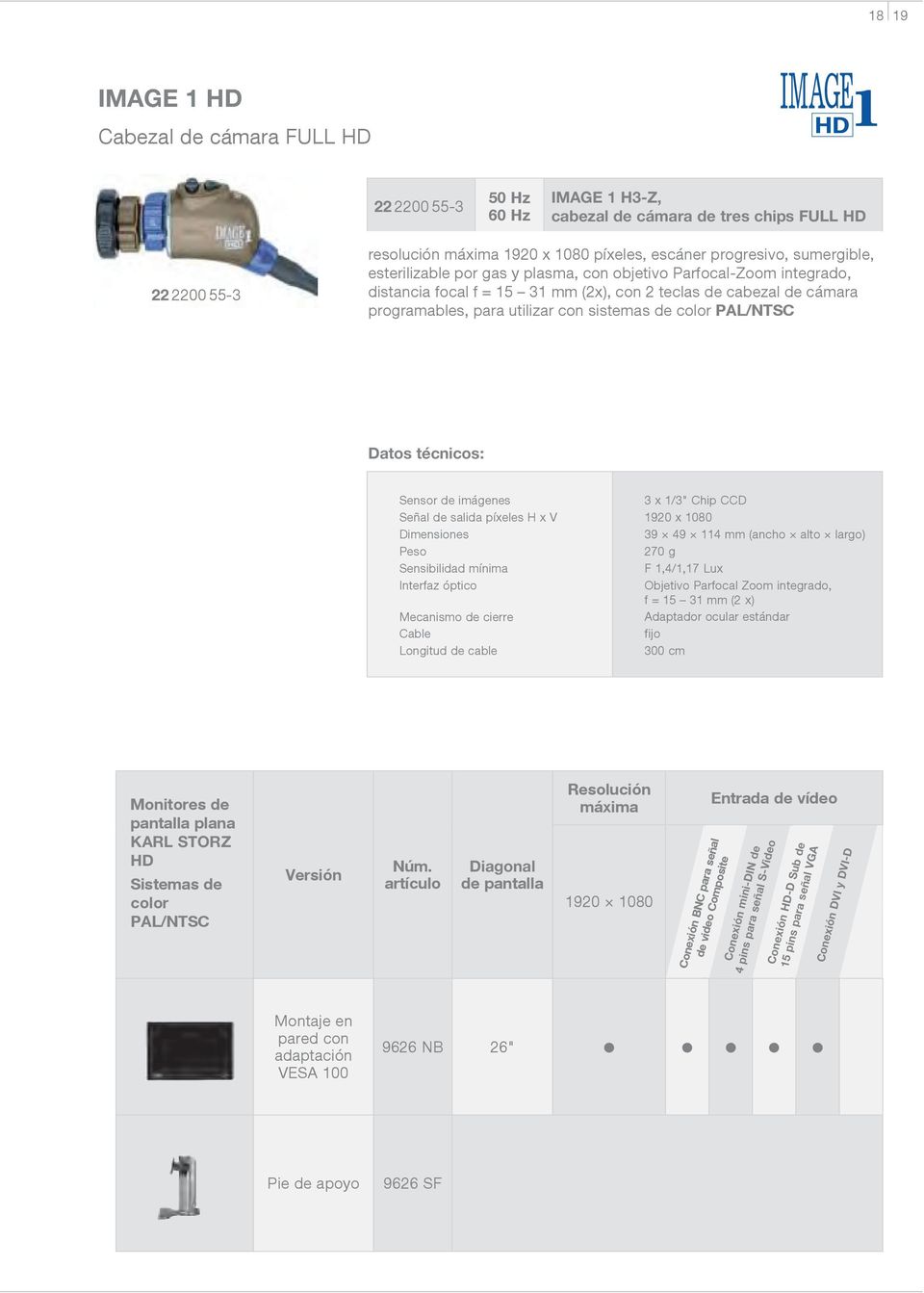 Peso Sensibilidad mínima Interfaz óptico Mecanismo de cierre Cable Longitud de cable 3 x 1/3" Chip CCD 1920 x 1080 39 49 114 mm (ancho alto largo) 270 g F 1,4/1,17 Lux Objetivo Parfocal Zoom