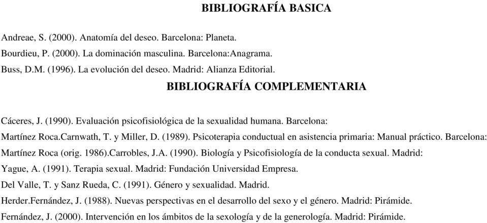 Psicoterapia conductual en asistencia primaria: Manual práctico. Barcelona: Martínez Roca (orig. 1986).Carrobles, J.A. (1990). Biología y Psicofisiología de la conducta sexual. Madrid: Yague, A.
