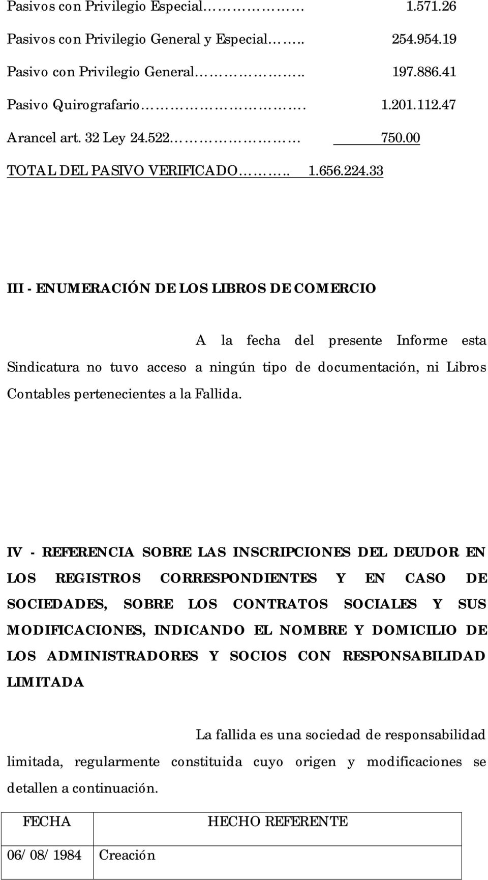 33 III - ENUMERACIÓN DE LOS LIBROS DE COMERCIO A la fecha del presente Informe esta Sindicatura no tuvo acceso a ningún tipo de documentación, ni Libros Contables pertenecientes a la Fallida.