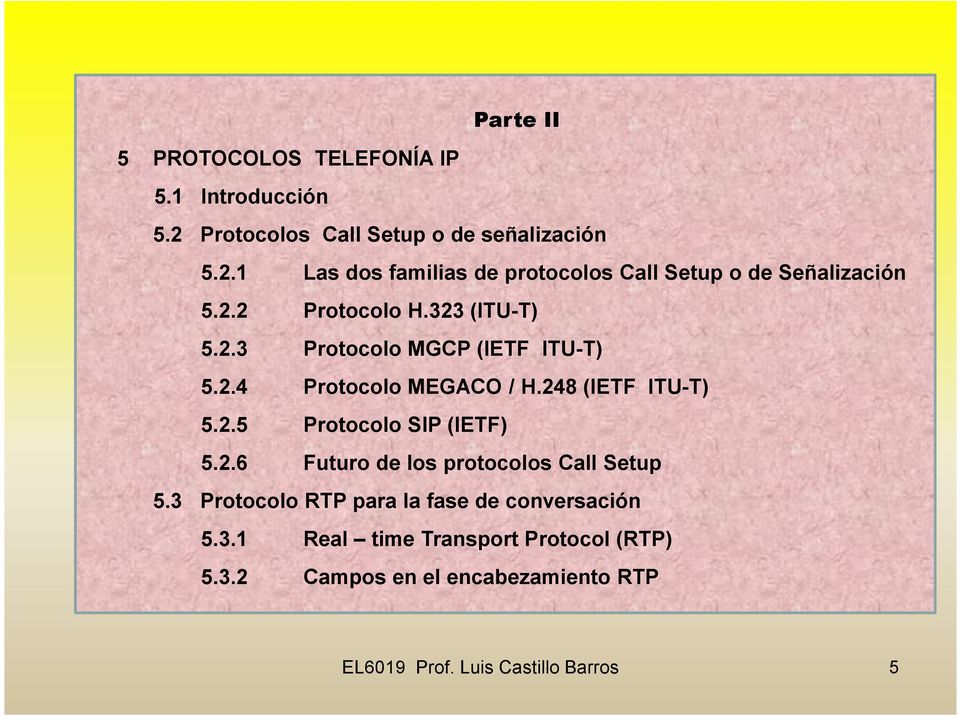 2.6 Futuro de los protocolos Call Setup 5.3 Protocolo RTP para la fase de conversación 5.3.1 Real time Transport Protocol (RTP) 5.